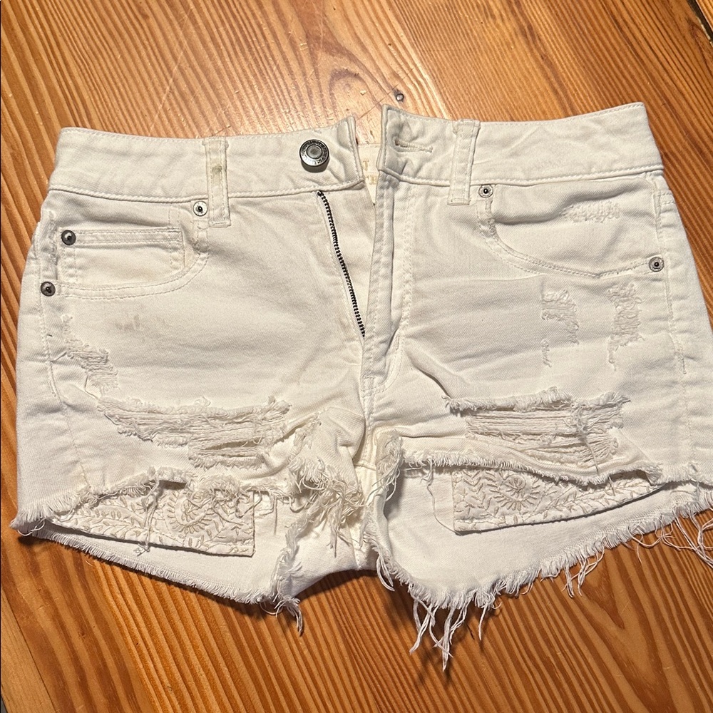 American Eagle Outfitters Cream Distressed Jean Shorts